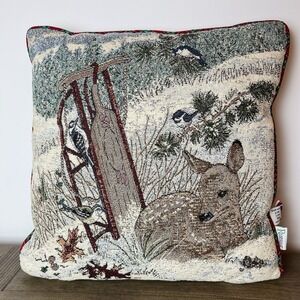 Vtg Riverdale Needlepoin Deer Fawn Sleigh Winter Christmas Throw Pillow Tapestry